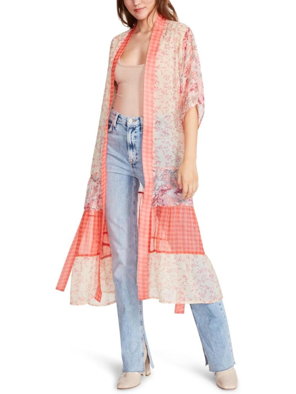 Steve Madden Women's Pink Multi Imported Poly Chiffon Tiered Floral Belt Kimono